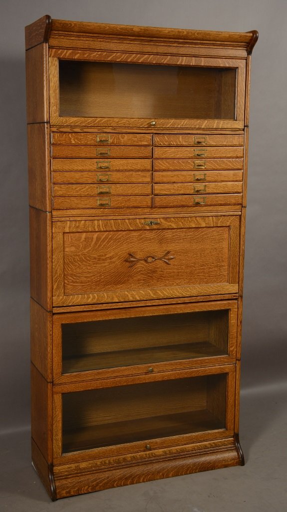 Grand Rapids Stacking Oak Bookcase with Desk: Grand Rapids Stacking Oak Bookcase with Desk and File Cabinet. 73"hX14"dX34"w ca. 1900