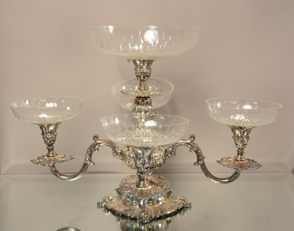 Victorian Epergne Reed & Barton 5 Cut Dishes: Victorian Epergne Reed & Barton 5 cut dishes with silverplate. Signed on base. ca. 1910. 15" tall x 24" wide