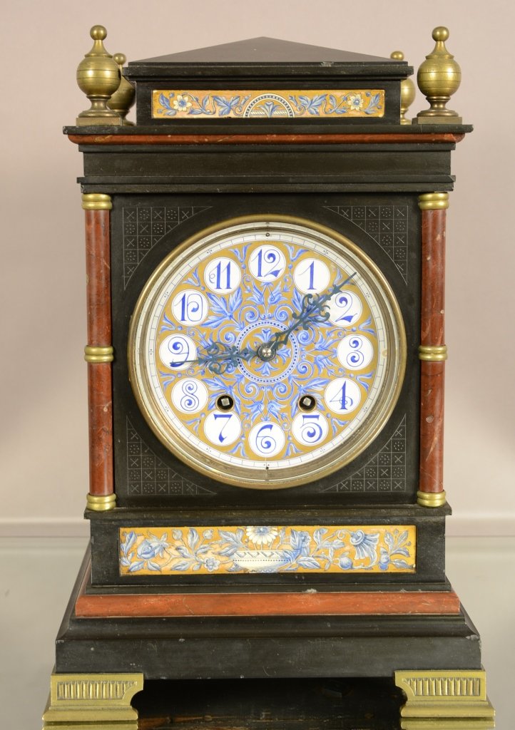 French Louis XIII Style Mantel Clock: French Louis XIII style marble and bronze mantel clock with 7" enameled dial. Time & 2 strike. Sig. John Walker Paris. Ca. 1880. 18" x 11"