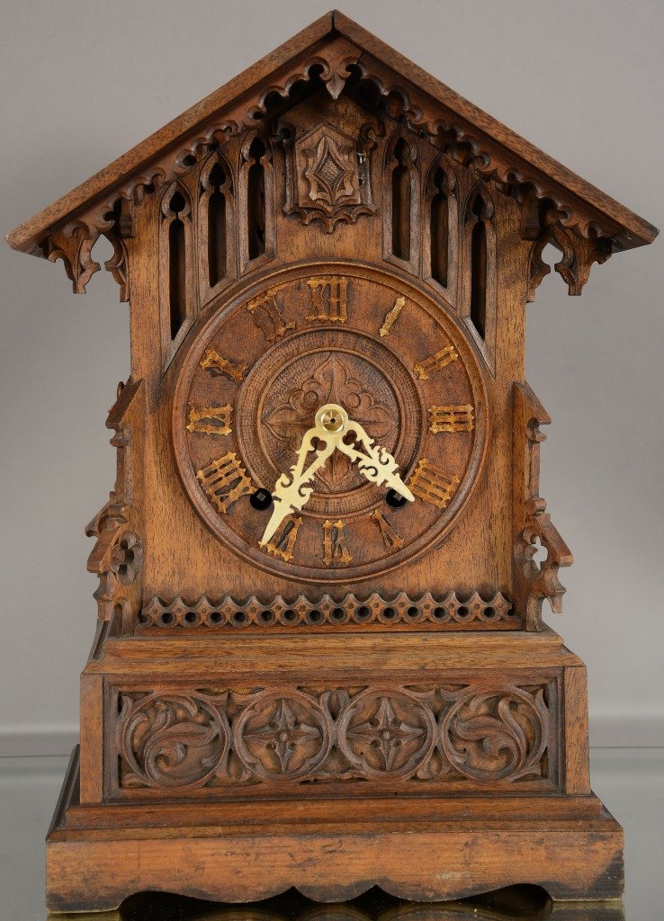 Antique Swiss Cuckoo Shelf Clock: Antique Swiss cuckoo shelf clock. Carved walnut. Double fusee movement. Working. ca. 1870. 16" tall x 11" wide