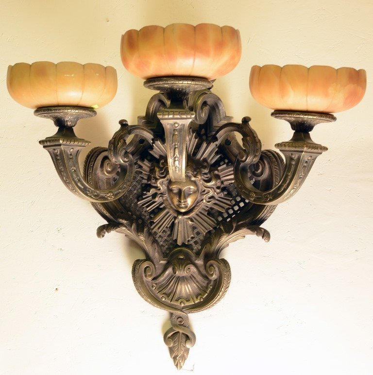French Louis XIV Style Three Light Sconce: French Louis XIV style, bronze and alabaster, three light sconce with the bust of venus mounted in the center of sconce. ca. 1900. 22" t x 22" w