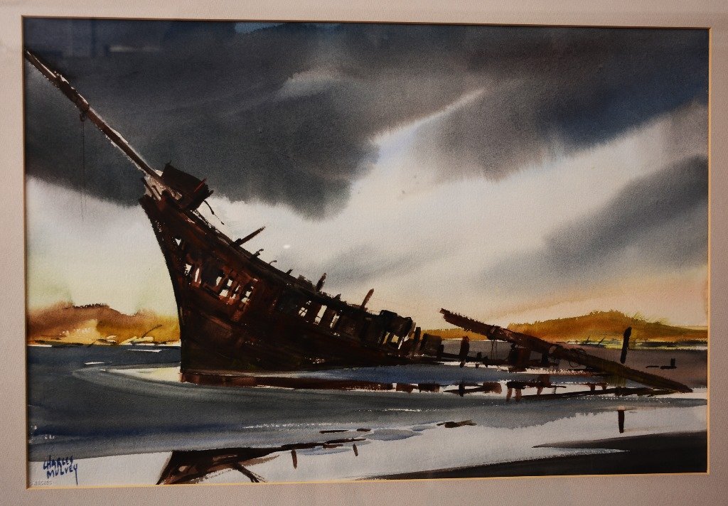 Charles Mulvey Water Color on Paper Wrecked Ships: Charles Mulvey water color on paper. Wrecked ships. Framed. 21" x 14"