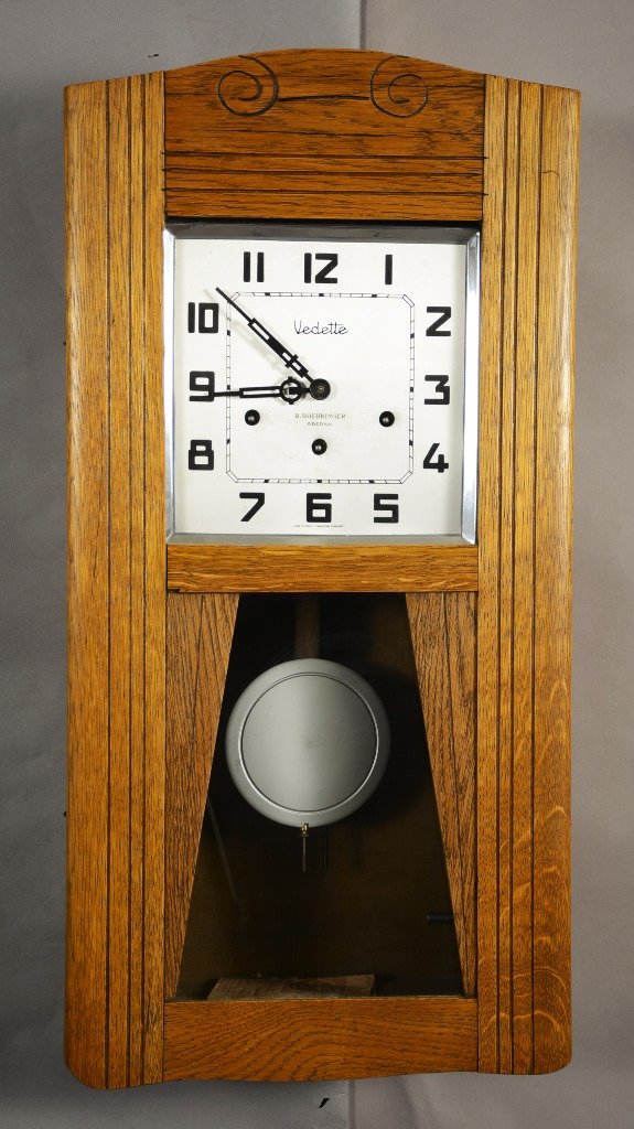 French Art Deco Style Westminster Chime Regulator: French art deco style Westminster chime regulator wall clock. Oak case. Original signed dial. ca. 1925. 25" t x 13" w