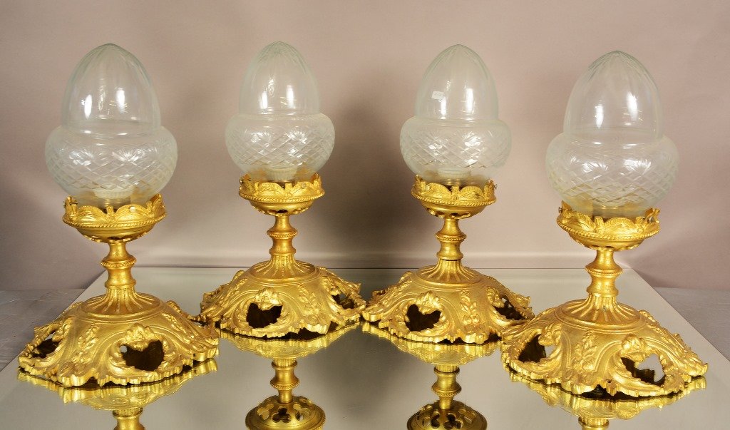 Four French Louis XVI Style Bronze Light Fixtures: Four French Louis XVI style bonrze light fixtures with etched glass shades. ca. 1910. 13" x 8"