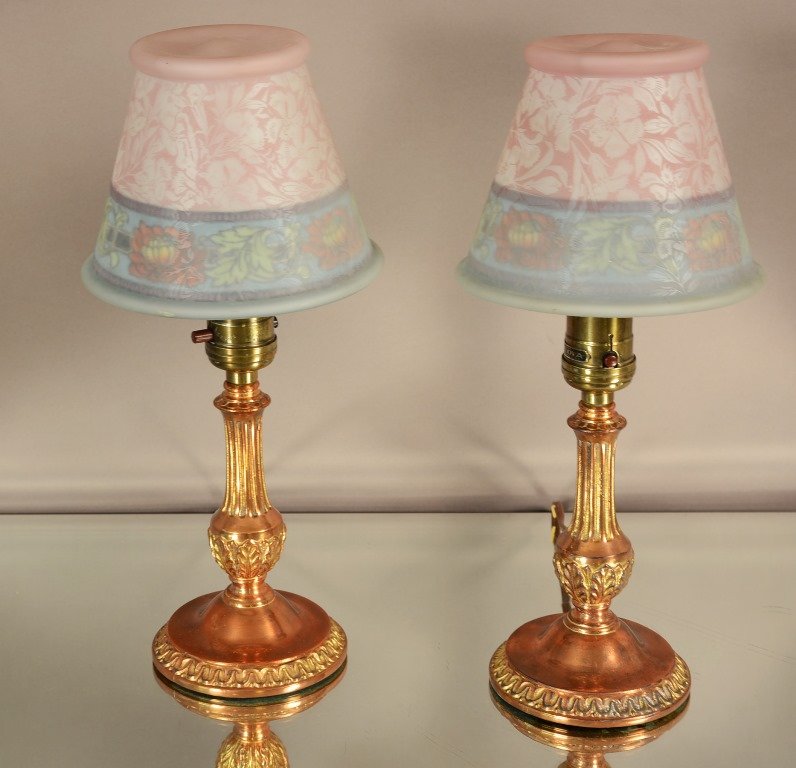 Pair of 1920's Reversed Painted Boudior Lamps: Pair of 1920's reversed painted art deco style boudior lamps. Flake on one shade. ca. 1920. Signed Bellova. 12" t x 6" w