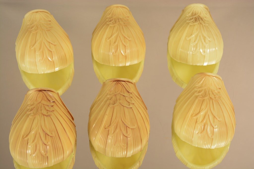 Set of 6 Art Glass for Chandelier or Sconce: Set of six, art deco style, art glass for chandelier or sconce. ca. 1920