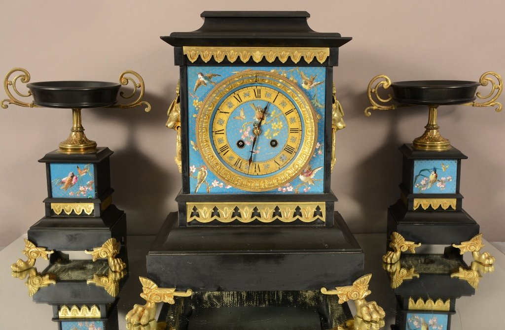 French Louis XIV marble/cloisonne, 3 pc. clock set (1 of 3)
