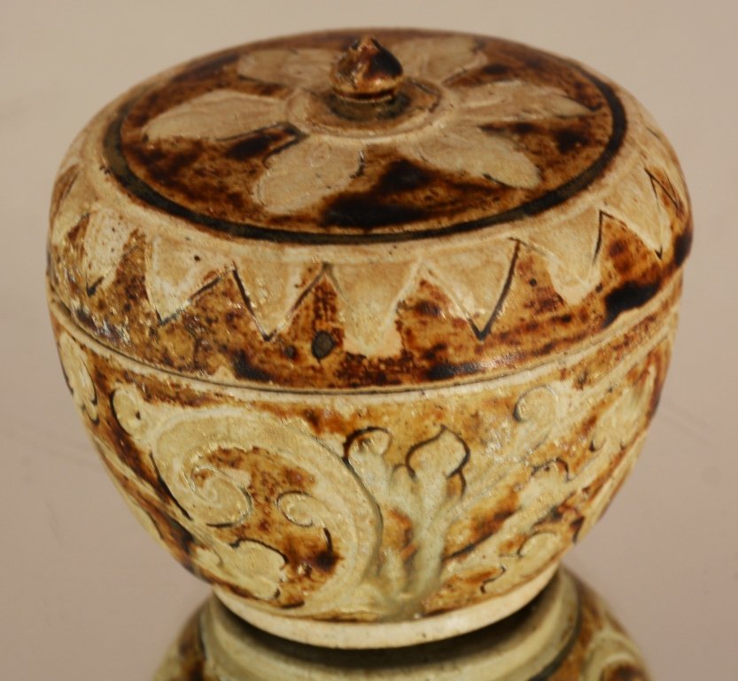 Indonesian covered jar: Indonesian covered jar, brown decoration, 19th century, 3”t.
