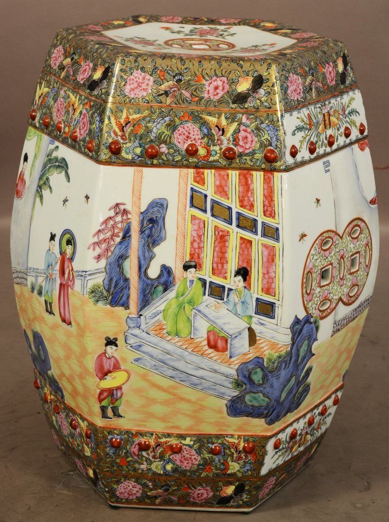 Chinese porcelain garden stool: Chinese porcelain garden stool, 20th century, 19”.