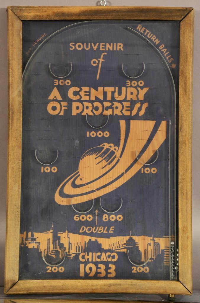 1933 A Century of Progress: 1933 A Century of Progress, Pin Ball game, ca. 1933, Chicago, 11” x 18”.