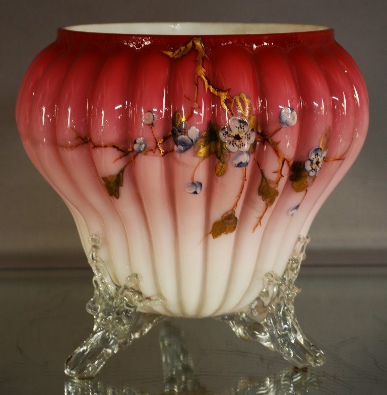 Attributed to Thomas Webb art glass enameled vase: Attributed to Thomas Webb art glass enameled vase Cranberry opalescent, floral decorated, ribbed sides with three footed base, hand blown. 7½” x 8”d. Ca. 1890.