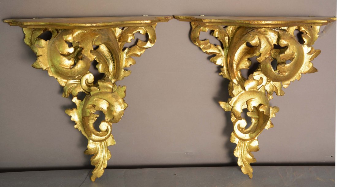 Pair of Italian style rococo giltwood shelves: Pair of Italian style rococo giltwood shelves. 12”t. Ca. 1920.