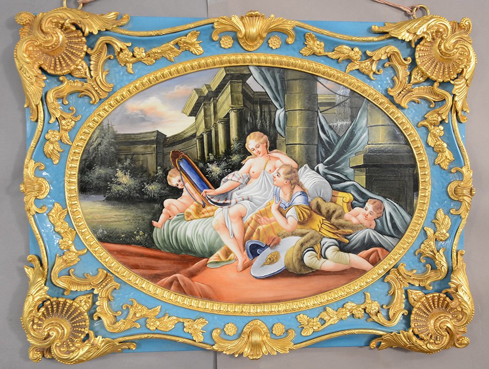 Scenic Porcelain Plaque: Scenic Porcelain Plaqueromantic scene, hand painted, signed KPM on back, 19” x 25”, Ca. 1960.