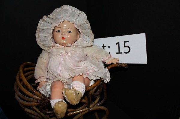 Madame Alexander 1930's Baby Pinky: Composition Baby doll original dress and hat. See photos for small cracks to face and loss of paint to hands