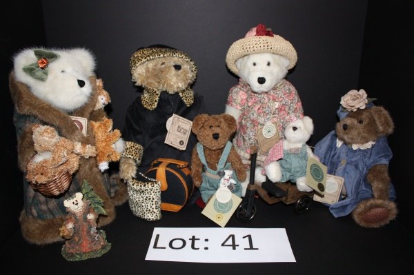 Four Boyd's Bears: 1. Limited edition mohair bear 2. 20th anniversary limited edition collection 14" antique white Justina with 8"coffee chenille Matt, 6" antique white B. Anne , 2" Wuzzie bear, with scoot along wagon. 