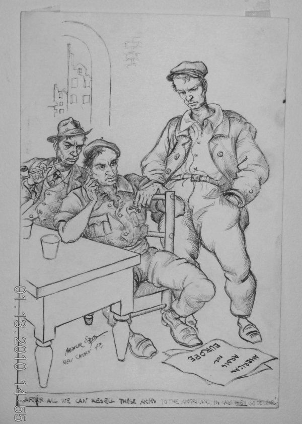 Arthur Szyk (1894-1951) Original Artwork Editoria: An original artwork political cartoon done in ink on paper created and signed by Arthur Szyk in 1949. 4.75 x 7.25 with a note on the back that reads, "3 col ed page Sunday". Very few of these pieces e