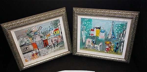 Charles Cobelle (1902 - 1998) Pair of Paintings: Signed lower left and lower right respectively. Acrylic on Canvas. Paris Park Scene and Windmill Scene. 11.5 by 13.5 in.