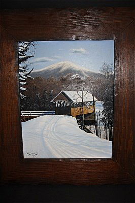 Thomas Kerry (1929-1983) Covered Bridge in Snow: Oil on board. Signed bottom. 10.5 x 13.5 in. without frame 13.5 x 16.3 in. with frame.