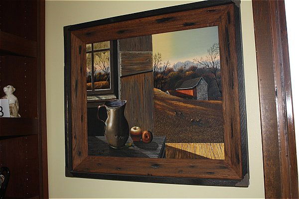Thomas Kerry (1929-1983) Still Life with Barn: 23.5 x 19 in oil on board. Size with frame is 27.5 x 23 in. A beautiful still life of a barn and farm objects. Signed at the bottom.