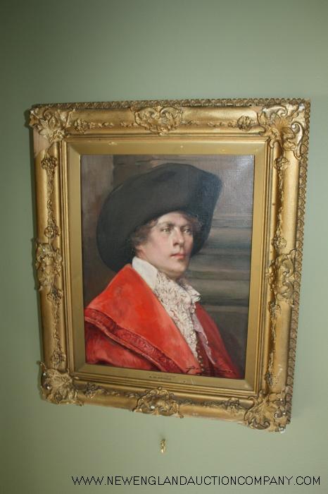 Alex De Andreis (1880 - 1929) "A French Courtier: Oil on canvas titled " A French Courtier". In gold frame. Measures (in frame) 15.5 x 19"
