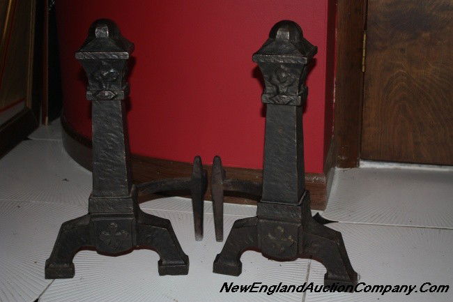 Pair of Hammered Iron Andirons: A great pair of hammered iron Andirons in black.