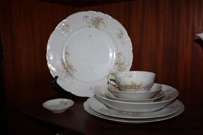 Theodore Haviland Limoges China: 6 each of the following: Dinner plates, soup bowls, salt dishes 5 each of the following: sauce bowls, salad plates dessert plates 1 Celery dish 1 Large oval serving dish 11 teacups - 1 cracked 1 Round