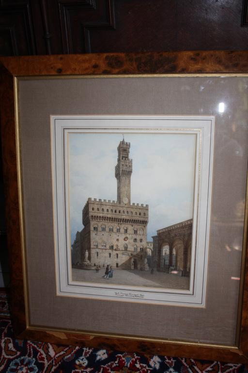 Franz Heinrich(1802-1890) "Plaza Veccihio Florence: Watercolor on paper. Size 11 x 9" Heinrich was traveling in the U.S. from 1848 to 1852 to escape the revolutions going on in Europe at the time. He is represented in the Museum of Fine Art in Vienna. 