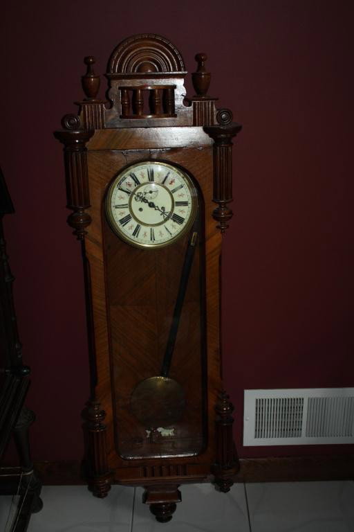 19th c. Walnut Wall Clock: Walnut case. Repairs to face of clock. Working condition unknown