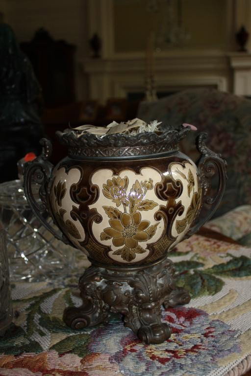 Ormolu Mounted Vase, Enamel on Metal Fr. 19th C.: 19th c. ormolu mounted vase made from an oil lamp. Enamel on metal.