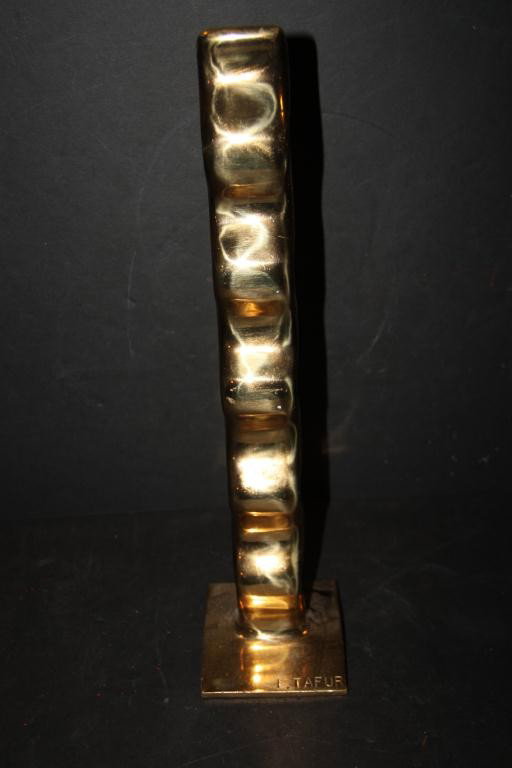 Edgar Tafur Metal Sculpture: Heavy brass sculpture by Edgar Tafur. Base is stamped with dye "ETafur". Edgar Tafur, Latin American born in 1929. Architect and sculptor Edgar Tafur is well known for his public installations of monu