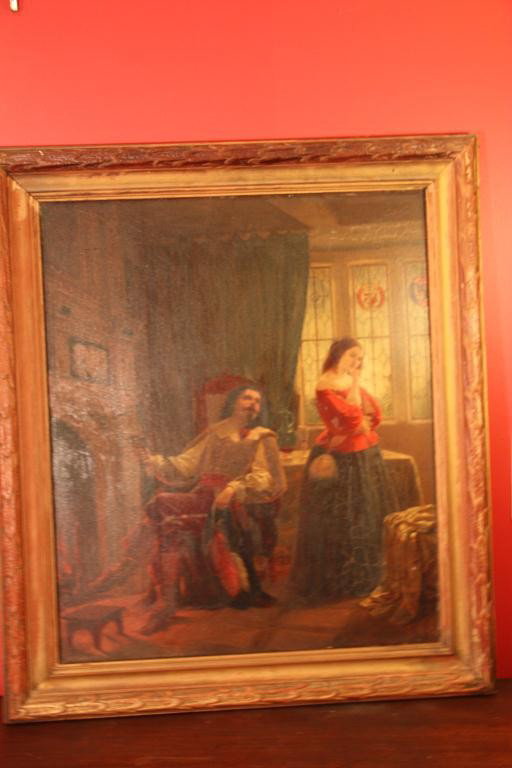 Philip Lindo (1821 - 1892) Cavalier and a Woman: A signed 19th C. Oil on panel of a cavalier and woman. Signed lower left. Signature appears as, "Ph Lindo" 1855, for Philip Lindo