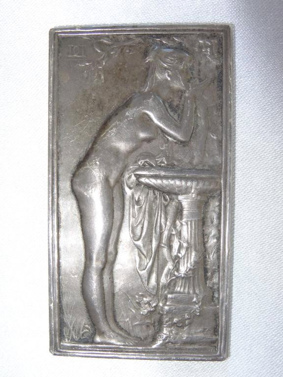 Medallion: The Source, Solid Sterling Silver: Medallion: 1898 "The Source" by Daniel Dupuis Solid Sterling Silver Antique Art Medal Rectangle: 1.5" x 2.5"