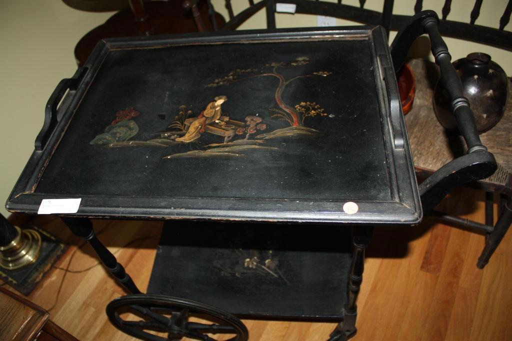 Chinoisiere Tea Cart Late 19c.: 19 c. Japanese Tea Cart Black with Painted Scenes