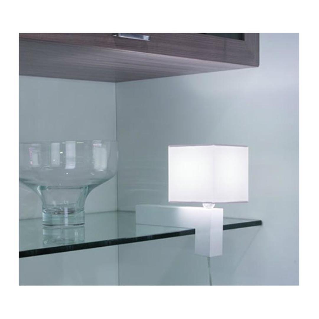 Alfonso Fontal: Maria 5 White/White Shelf Light: Maria 5 -shelf/table light; Shade: White Cloth; Finish/Metal: Lacquered White Wood and Matt Alum. Metal D: 9.8" x H: 9.8" Diag: 4.7" Light: (1) 40 Watts E-14