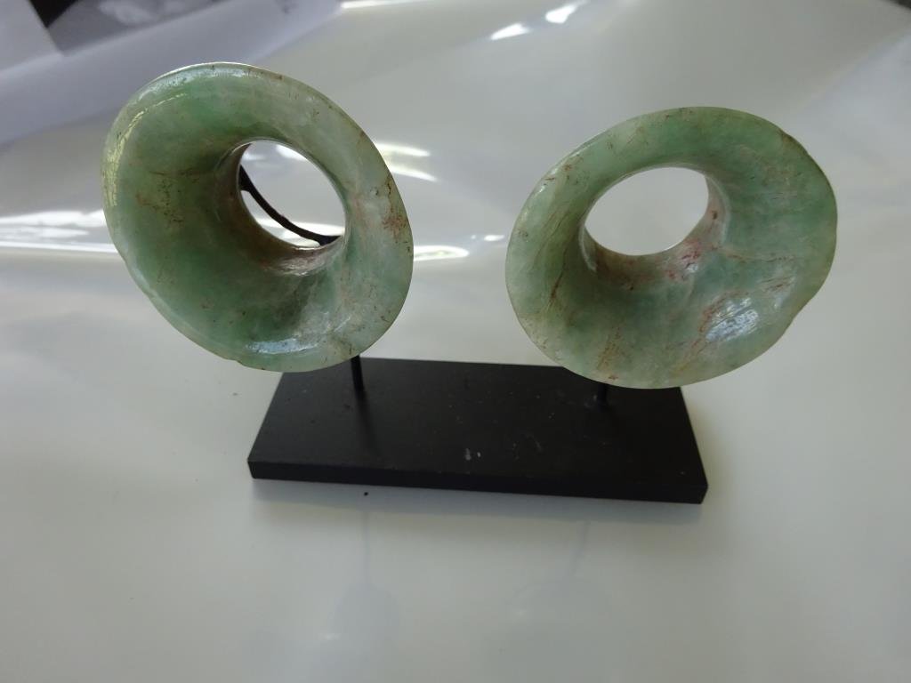 Pre-Columbian Mayan Jade Ear Spools 250-450 AD: All Friedenberg Estate items are as described by Daniel Friedenberg, former curator at the Jewish Museum in New York City. New England Auction Company Inc., offers no guarantee as to the authenticity