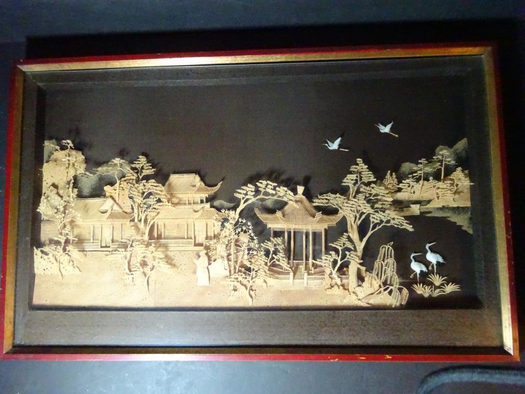 An Intricate Oriental Carved Cork Diorama: An Intricate Oriental Carved Cork Diorama