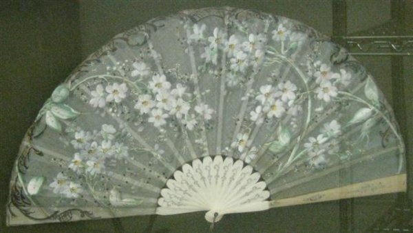 Fan, Hand Painted Floral Design on Silk, Ivory or: Fan, Hand Painted Floral Design on Silk, Ivory or Celluloid Framework, 10 1/2'' H x 18'' W, Custom Framed, $100-$200.