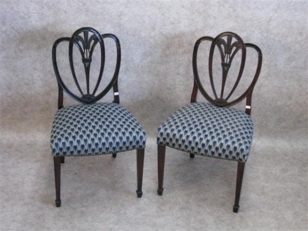 Chairs, Pair, Hepplewhite Form, Early 19th Centur: Chairs, Pair, Hepplewhite Form, Early 19th Century, Sheild Back with Princes Feather Crest, Mahogany, 36'' H x 21'' W x 17 1/2'' D, Reproduction Period Style Upholstery, $300-$500.