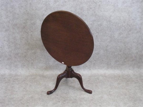 Table, Tilt Top, by Hickory Chair, James River Co: Table, Tilt Top, by Hickory Chair, James River Collection, Mahogany, Snake Form Feet, Bird Cage Support, 28 3/4'' H x 29'' Dia., Original Finish, $100-$200.