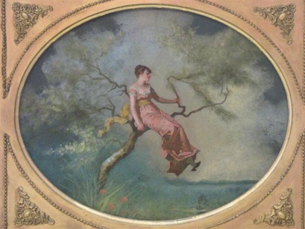 Manner of Guillaume Seignac (French, 1870-1924), : Manner of Guillaume Seignac (French, 1870-1924), Maiden in a Swing; Oil on Panel Set Within Period Gold Leaf Frame with Decorative Spandrel Board, 11 1/2'' x 14 1/2'', $500-$700.