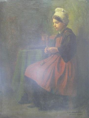 Edward B. Edwards (Pennsylvania, b. 1873), Dutch : Edward B. Edwards (Pennsylvania, b. 1873), Dutch Peasant Girl Seated in an Interior; Oil on Canvas, Signed Lower Right and Inscribed ''PARIS 1905'', 36 1/2'' x 45 1/2'', Original Frame, $500-$700.