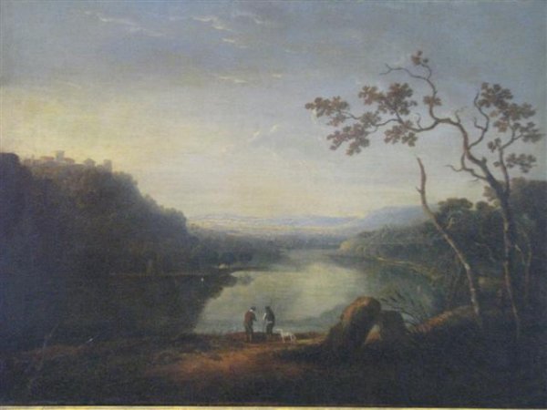 Manner of Richard Wilson (British 1717-1782), Pea: Manner of Richard Wilson (British 1717-1782), Peasant and Dog in Landscape with Ruins in the Distance; Oil on Canvas, Late 18th Century, in 19th Century Frame, Relined, Label on Verso Reads ''To Navan