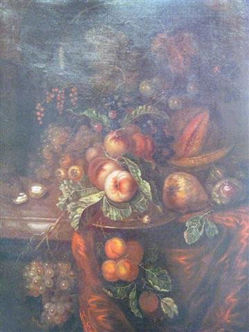 Dutch School (18th Century), Old Master Still Lif: Dutch School (18th Century), Old Master Still Life with Fruit, Walnut and Mouse, Monogramed AW on Table's Edge to Right of Mouse, in 19th Century Frame, Heavily Restored, Modern Relining, 38'' x 28 1/