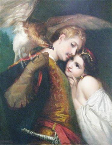 German or Austrian School (19th Century), Falcone: German or Austrian School (19th Century), Falconer with Maiden; Oil on Canvas, Bearing Signature ''Van Brunn'' and Date of 1840 in Red Lower Left, Relined, in Modern Gold Frame, 27'' x 21 3/4'', $300-