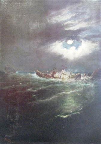 Artist Unknown (British, 19th Century), Moonlight: Artist Unknown (British, 19th Century), Moonlight Scene of Ships on Stormy Seas; Oil on Canvas, Bearing Signature G. J. Collins? and Date of 1884 in Red at Lower Left, Modern Painted Frame, 42'' x 29