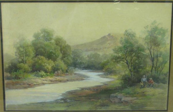 Painting, Watercolor, Signed ''Otto Koehberg''(?): Painting, Watercolor, Signed ''Otto Koehberg''(?), Fisherman by Stream, Sight Size: 13 1/4'' x 19 7/8'', Early 20th Century, $100-$200.