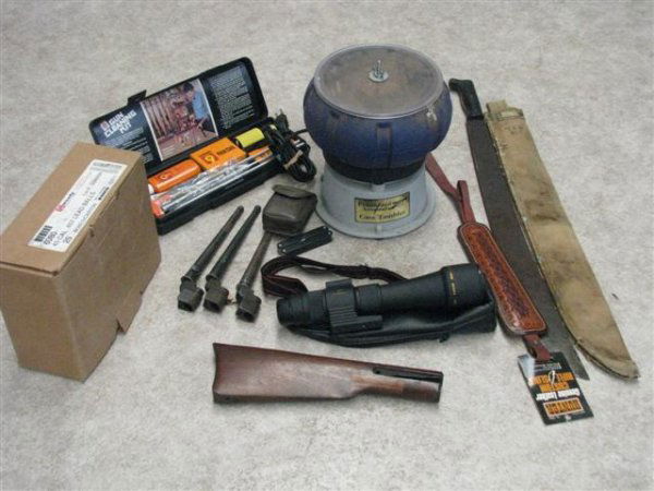 Gun and Sportsman Accessories, Estate Lot, Incl. F: Gun and Sportsman Accessories, Estate Lot, Incl. Frankford Arsenal Case Tumbler, 25 Boxes of Hornady .45 cal. Lead Balls, Trekker Spotting Scope with Case, Machete Marked ''USN Mk1'', Various 3 Britis