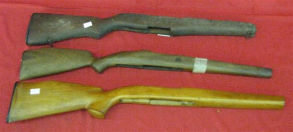 Gun Stocks, 3, Mixed Woods, (A) Mauser Type, 31 1/: Gun Stocks, 3, Mixed Woods, (A) Mauser Type, 31 1/8'' L, with Some Modifications, (B) Mauser Type, Custom Stock, Maple, with Cheek Piece, Natural Finish, 31 7/8'' L, (C) U.S. Garand Type, 30'' L; $50-