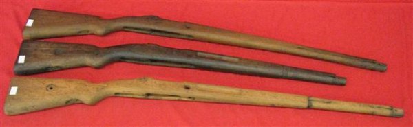 Gun Stocks, 3, Range from 37 1/2'' L to 43 1/4'' L: Gun Stocks, 3, Range from 37 1/2'' L to 43 1/4'' L, for Mauser Type Military Guns, Mixed Woods, $50-$75.
