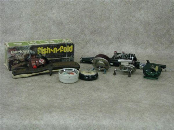 Fishing Rods, Reels, and Accessories, Vintage, (A): Fishing Rods, Reels, and Accessories, Vintage, (A) 3 Spinning Reels, Incl. Good-all, Johnson Model 20, Fre-line by Wright & McGill, (B) Fishing Barometers, 2, Swift Model 419 and Taylor, in Original B